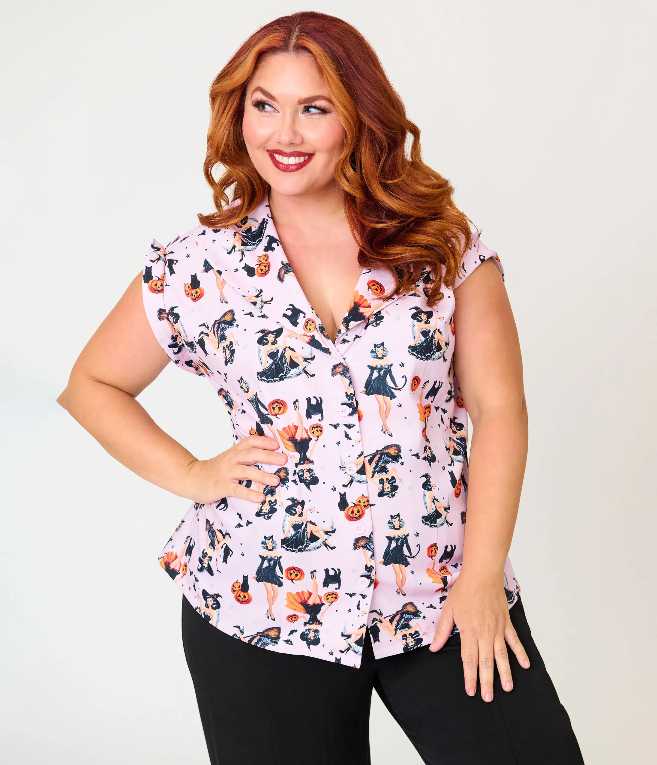 Unique Vintage Plus Size Lavender Pinup Witch Twill Sleeveless Blouse sold by Unique Vintage product image thumbnail 3
