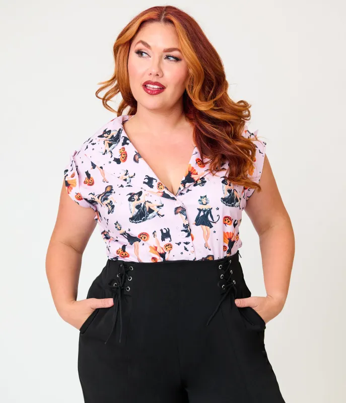 Unique Vintage Plus Size Lavender Pinup Witch Twill Sleeveless Blouse made by Unique Vintage