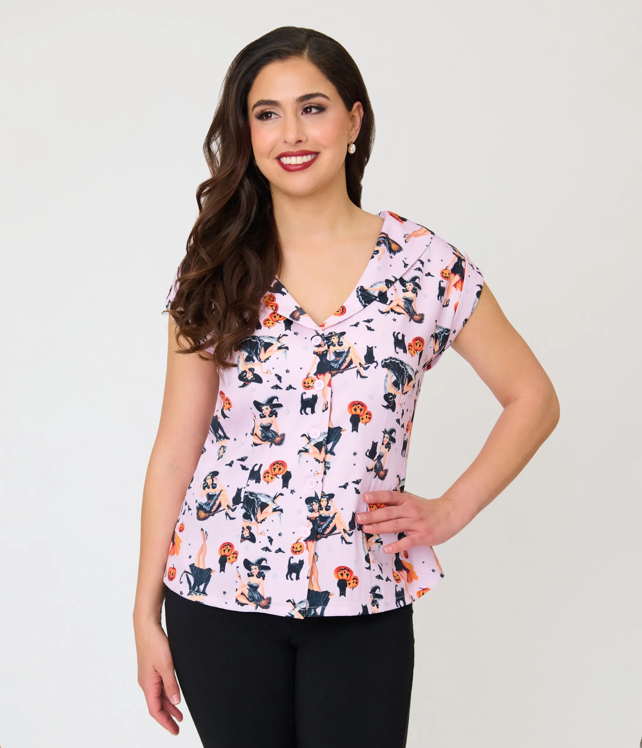 Unique Vintage Lavender Pinup Witch Twill Sleeveless Blouse sold by Unique Vintage product image thumbnail 3