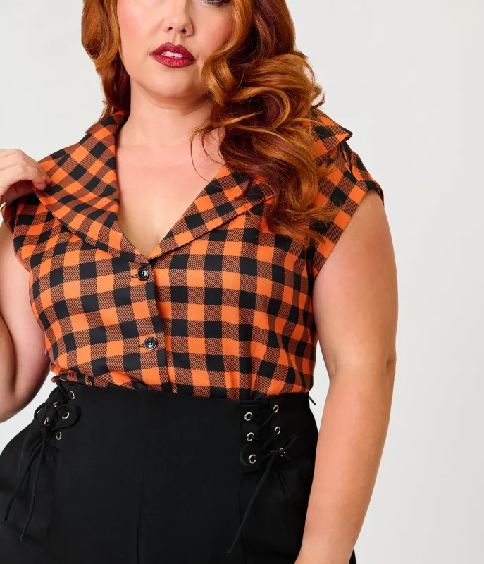 Unique Vintage Plus Size Orange Gingham Twill Sleeveless Blouse made by Unique Vintage