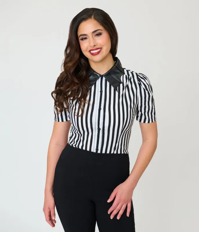 Unique Vintage Black & White Stripe Bat Leather Collar Cotton Blouse made by Unique Vintage