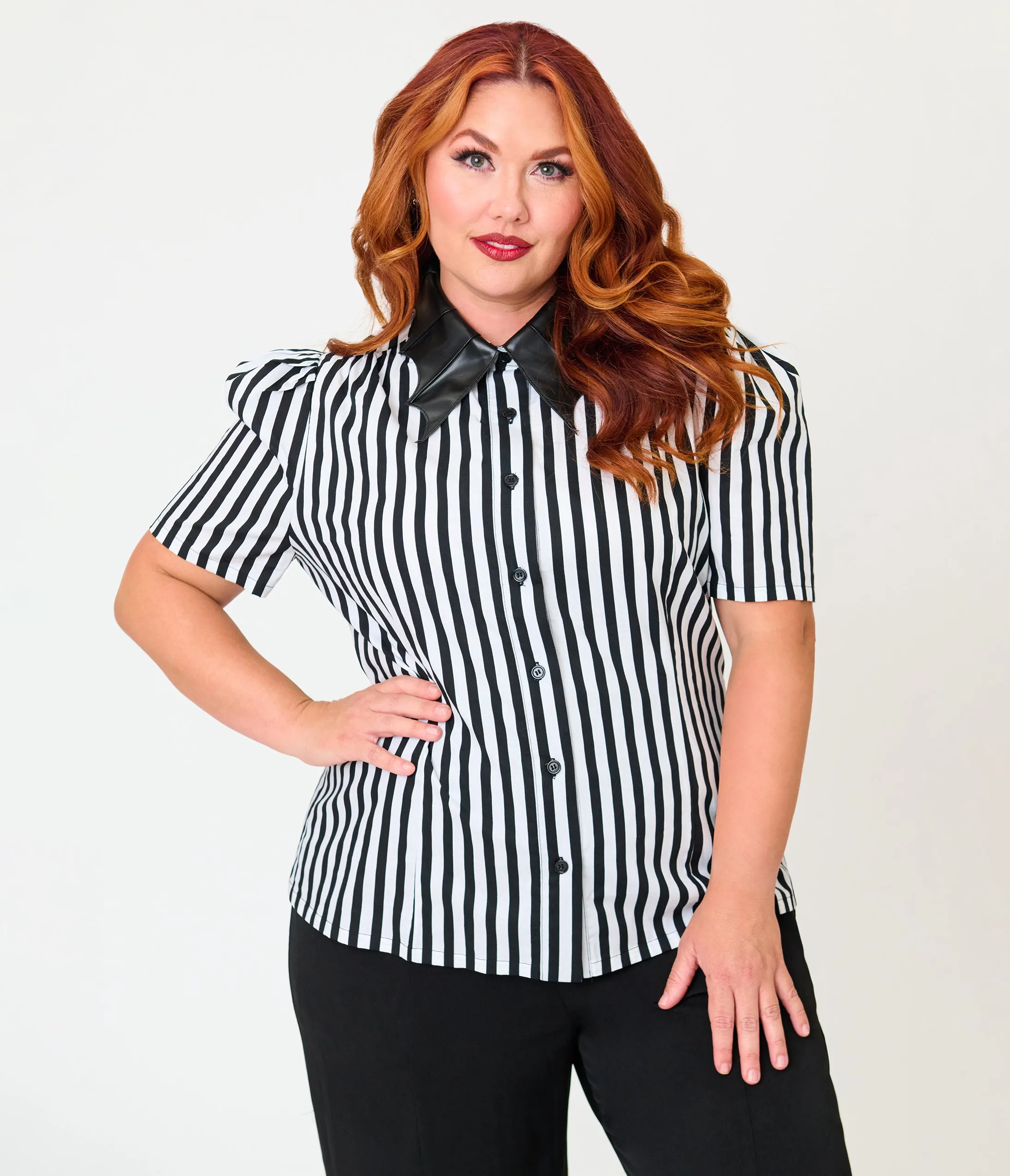 Unique Vintage Plus Size Black & White Stripe Bat Leather Collar Cotton Blouse sold by Unique Vintage product image thumbnail 3