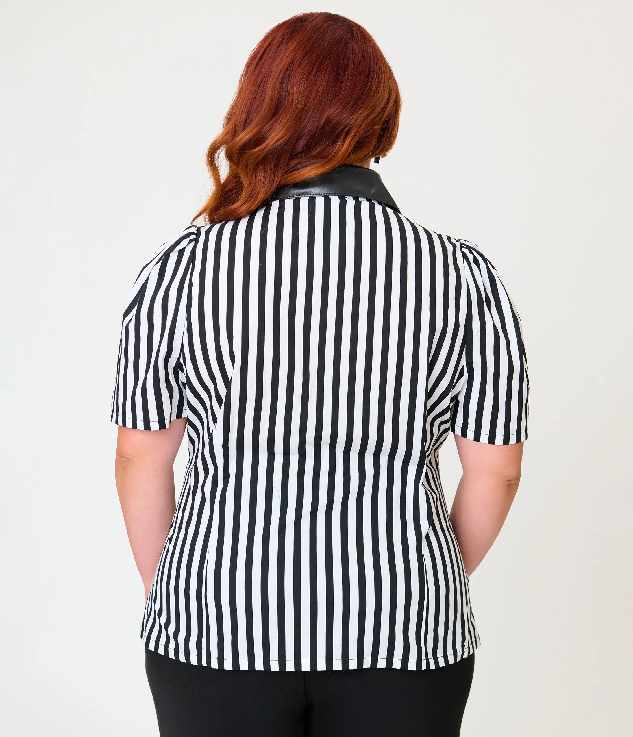 Unique Vintage Plus Size Black & White Stripe Bat Leather Collar Cotton Blouse sold by Unique Vintage product image thumbnail 2