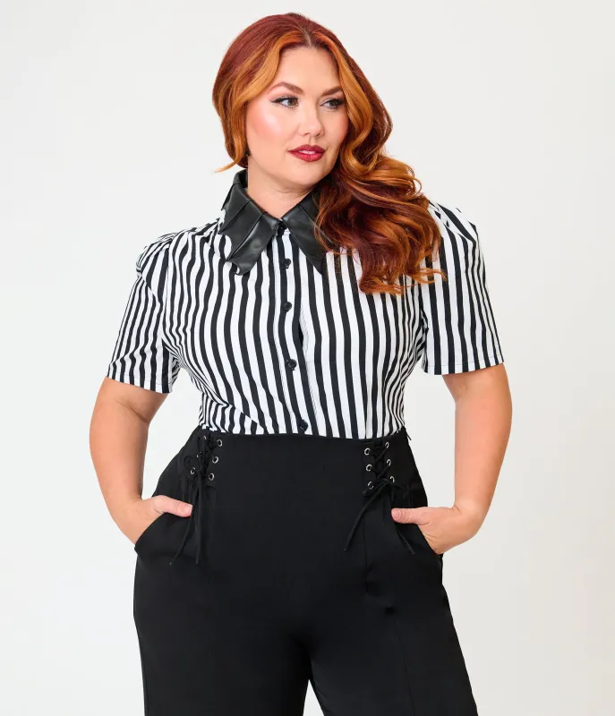 Unique Vintage Plus Size Black & White Stripe Bat Leather Collar Cotton Blouse made by Unique Vintage