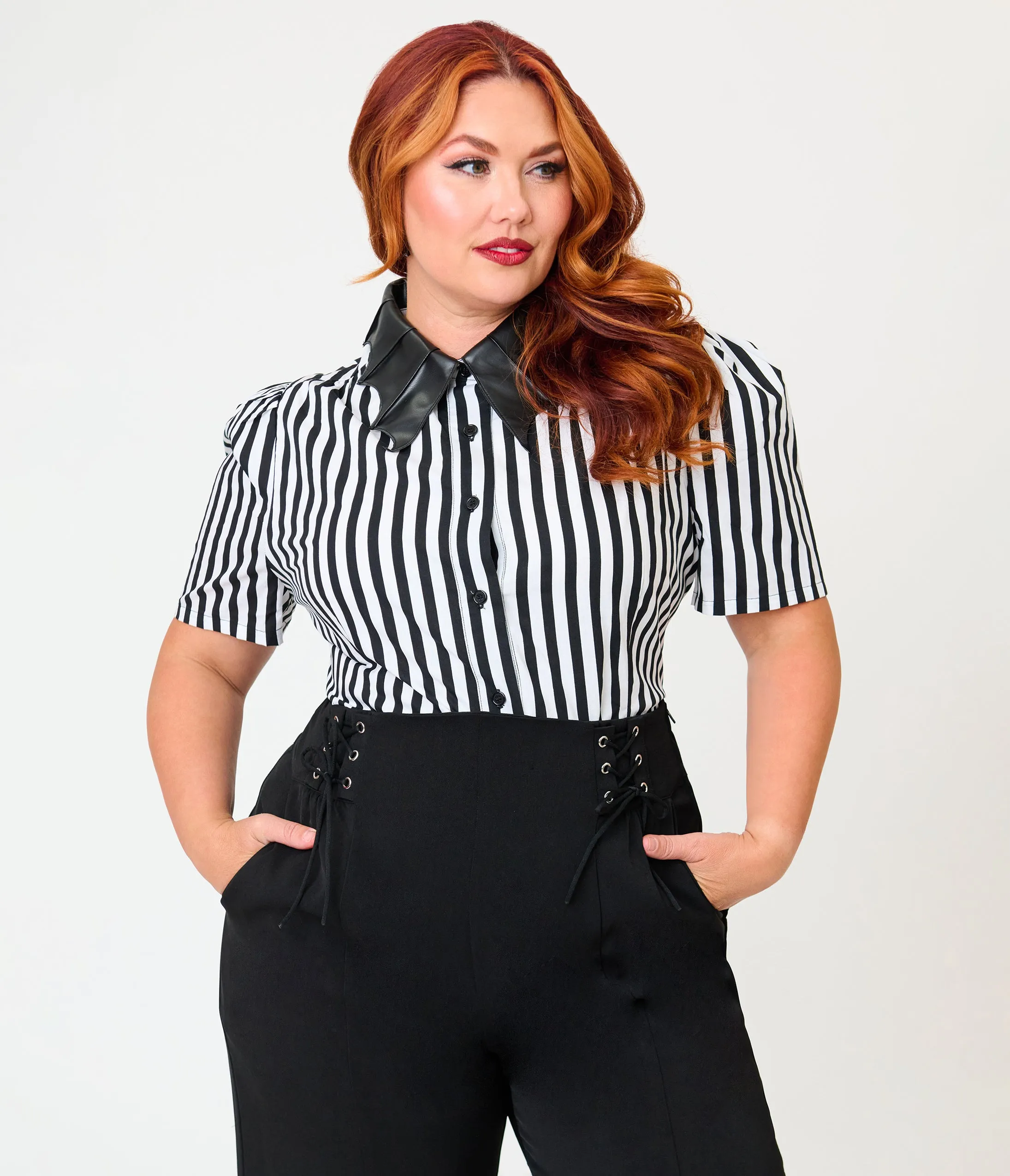 Unique Vintage Plus Size Black & White Stripe Bat Leather Collar Cotton Blouse sold by Unique Vintage