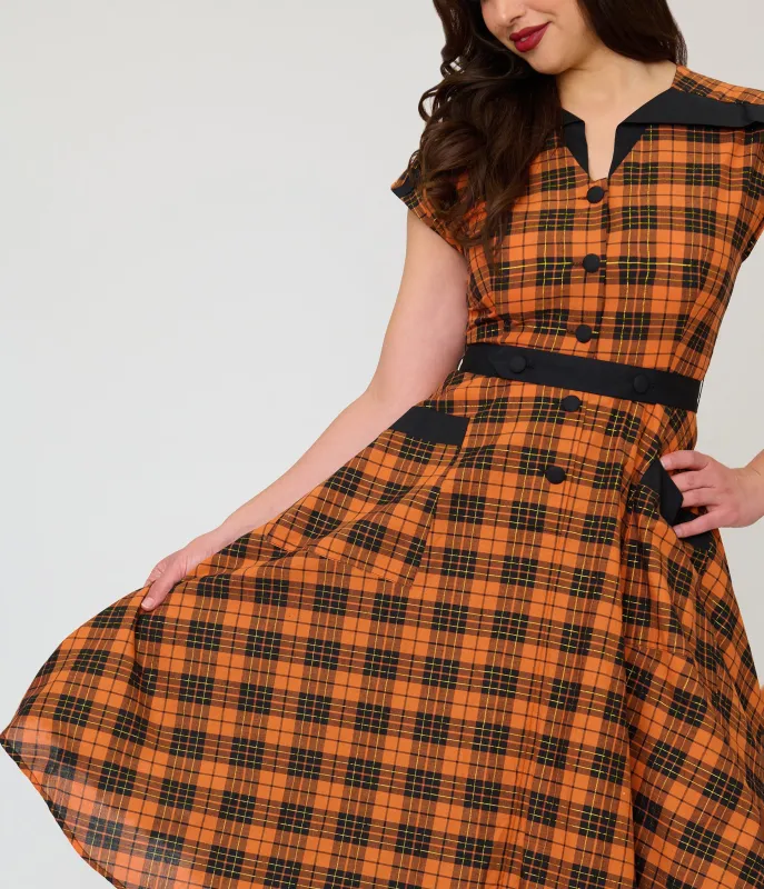 Unique Vintage Orange Plaid Cotton Hedda Swing Dress made by Unique Vintage