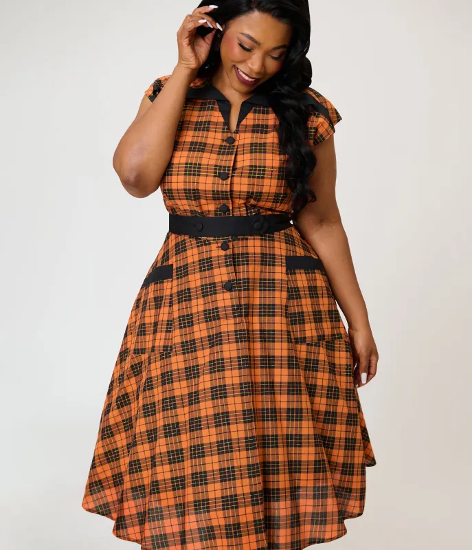 Unique Vintage Plus Size Orange Plaid Cotton Hedda Swing Dress made by Unique Vintage