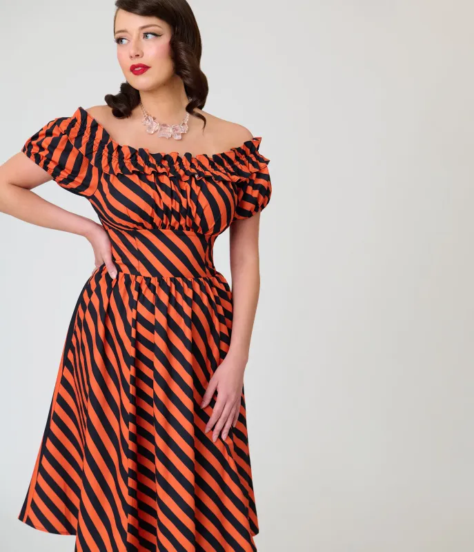 Unique Vintage Orange & Black Stripe Off The Shoulder Ruffle Sandra Swing Dress made by Unique Vintage