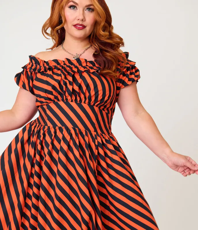 Unique Vintage Plus Size Orange & Black Stripe Off The Shoulder Ruffle Sandra Swing Dress made by Unique Vintage