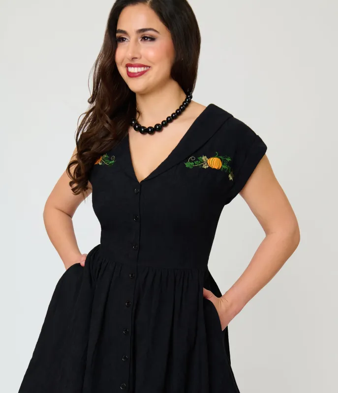 Unique Vintage Black & Pumpkin Embroidery Cotton Marcia Swing Dress made by Unique Vintage