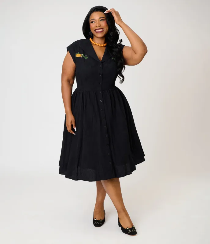 Unique Vintage Plus Size Black & Pumpkin Embroidery Cotton Marcia Swing Dress made by Unique Vintage