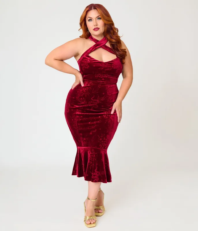 Unique Vintage Plus Size Burgundy Velvet Embossed Halter Penelope Dress made by Unique Vintage