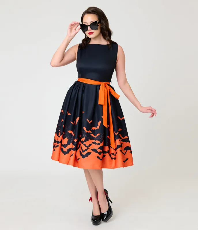 Unique Vintage Black & Orange Bat Print Margaret Swing Dress made by Unique Vintage