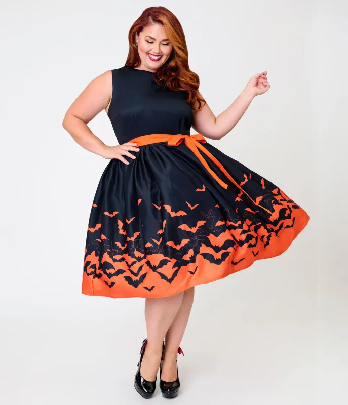 Unique Vintage Plus Size Black & Orange Bat Print Margaret Swing Dress made by Unique Vintage