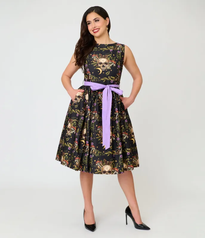 Unique Vintage Black Skull Print Margaret Swing Dress made by Unique Vintage