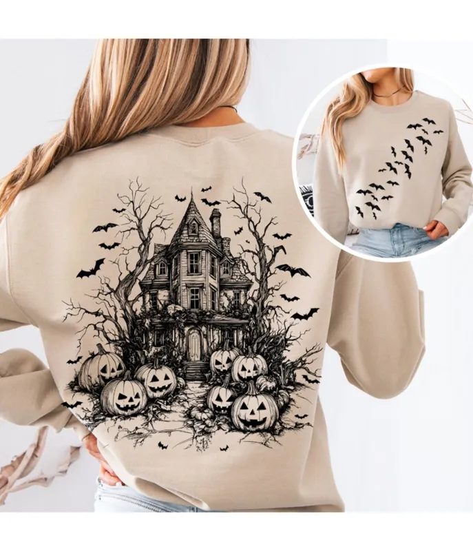 Ivory Halloween & Bats Print Graphic Sweatshirt made by Unique Vintage