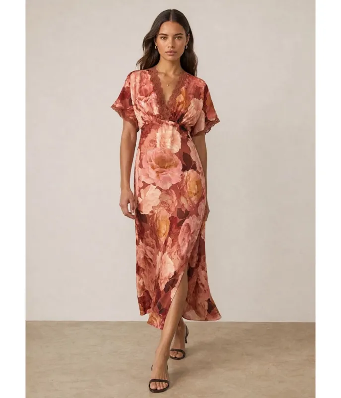 Rust Floral Print Satin Maxi Dress made by Dress Forum