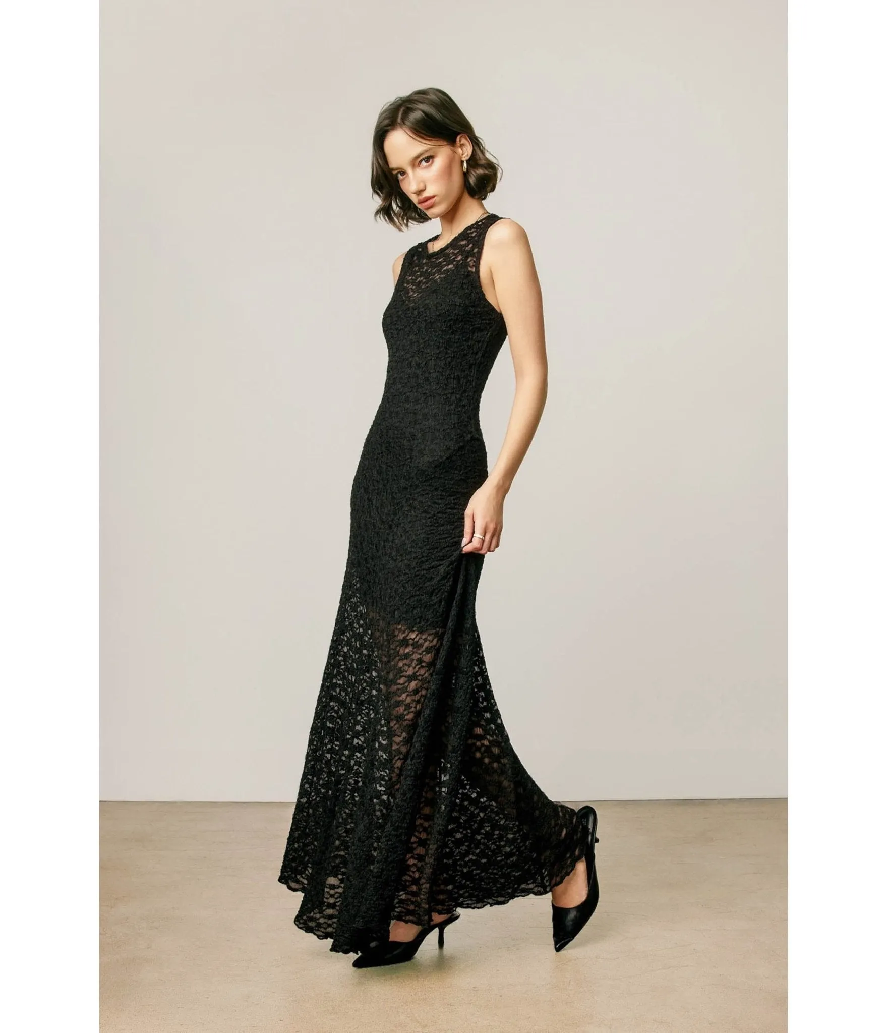 Black Floral Lace Flared Maxi Dress sold by Unique Vintage product image thumbnail 4
