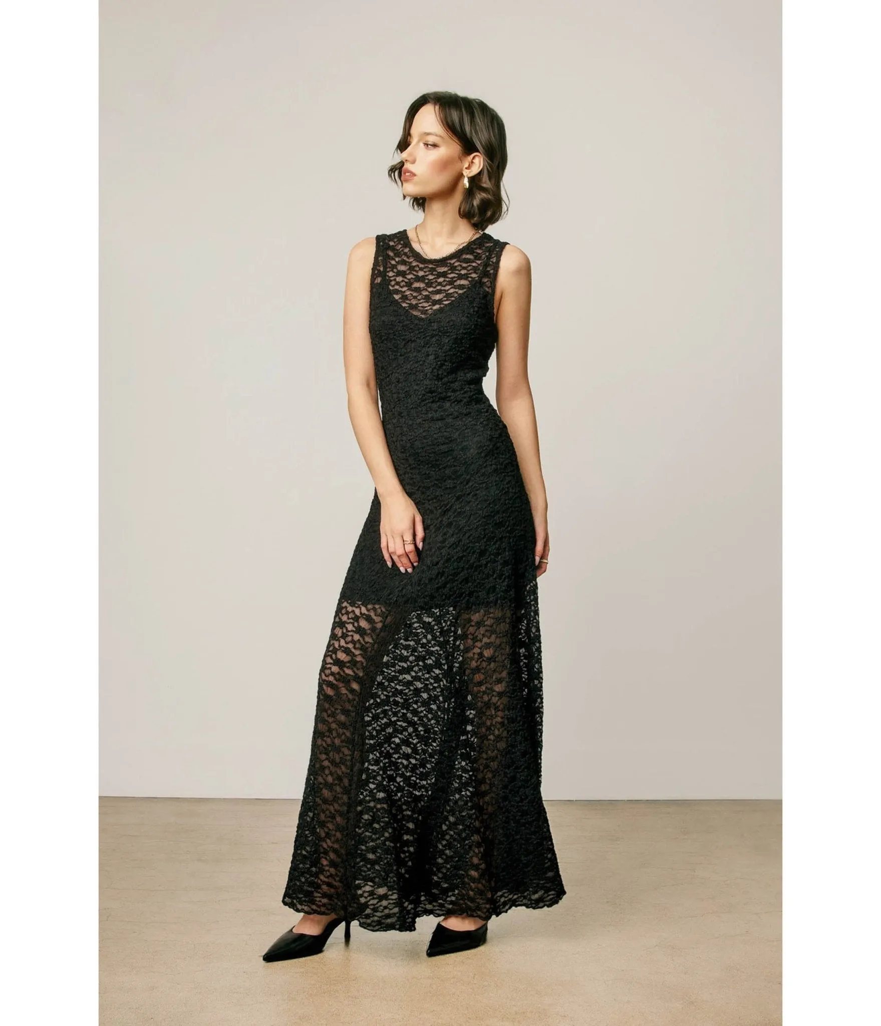 Black Floral Lace Flared Maxi Dress sold by Unique Vintage product image thumbnail 2