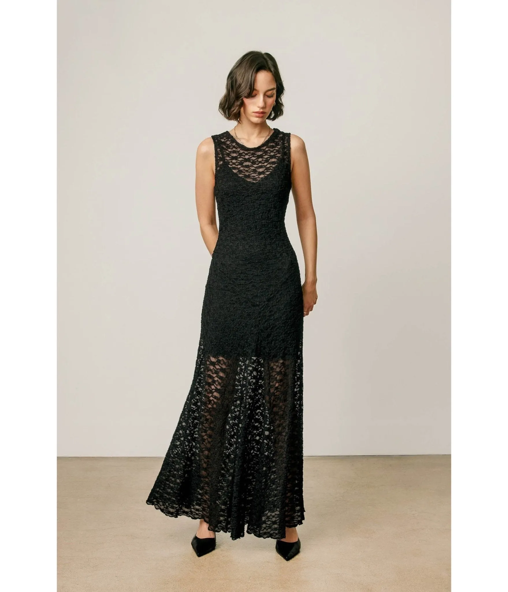 Black Floral Lace Flared Maxi Dress sold by Unique Vintage product image thumbnail 5