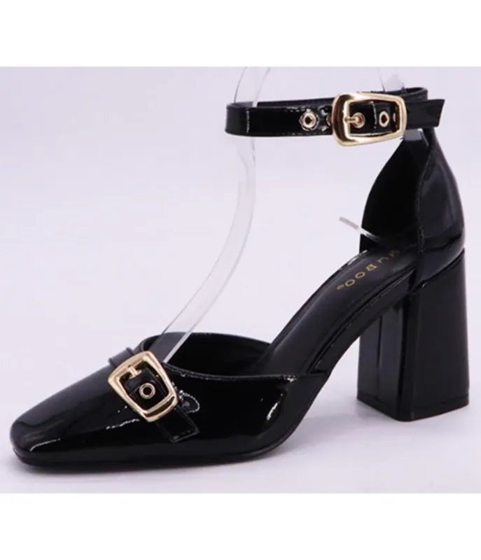 Black Patent Faux Leather Ankle Strap Block Heels made by Unique Vintage