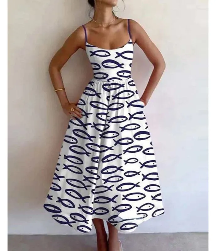 White Fish Print Midi Dress made by Unique Vintage