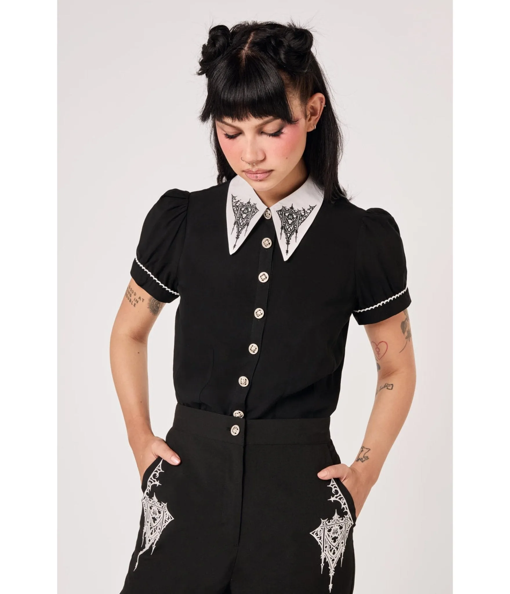 Hell Bunny Black Cathedral Embroidered Elizabeth Blouse sold by Unique Vintage