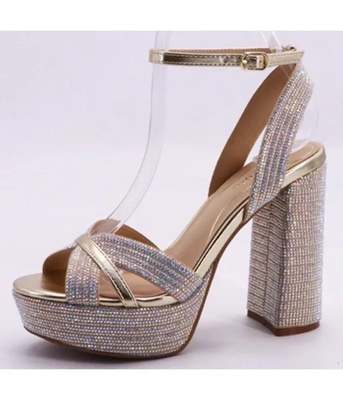 Gold Rhinestone Platform Block Heels made by Unique Vintage