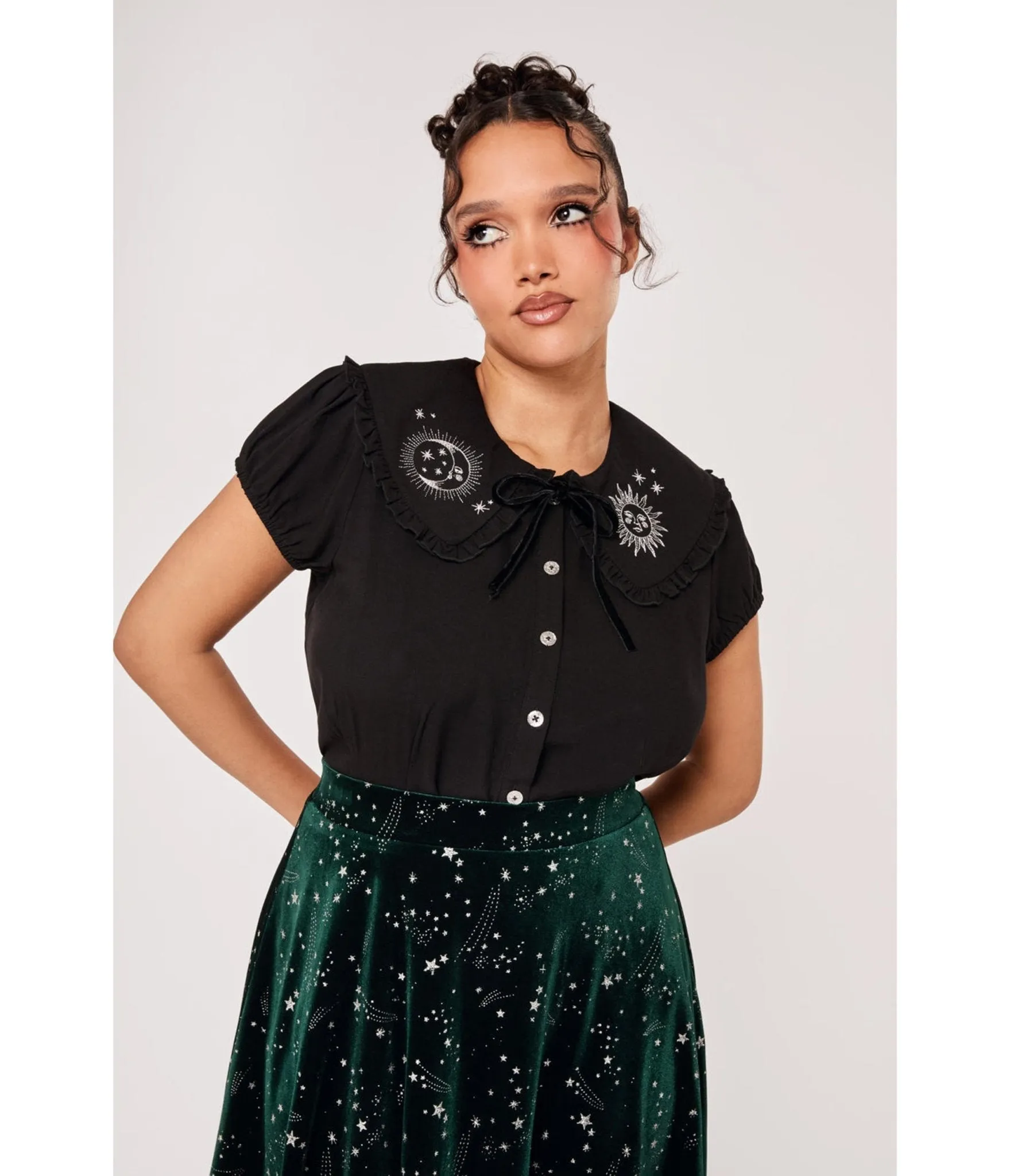 Hell Bunny Black Celeste Embroidered Ruffle Collar Blouse sold by Unique Vintage product image thumbnail 2