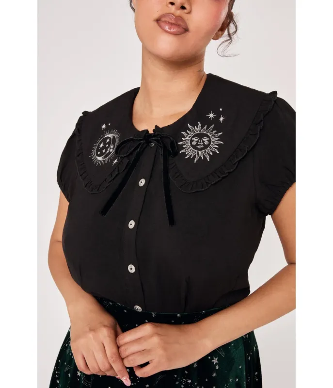 Hell Bunny Black Celeste Embroidered Ruffle Collar Blouse made by Unique Vintage