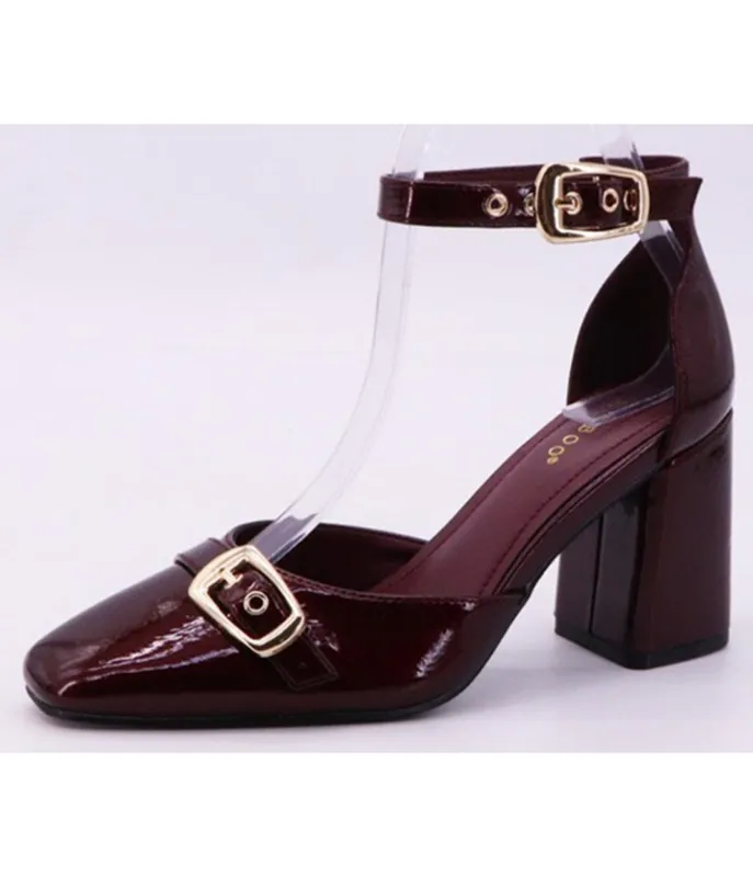 Burgundy Patent Faux Leather Ankle Strap Block Heels made by Unique Vintage