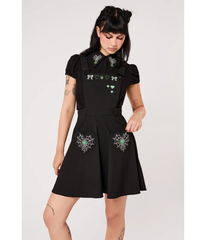 Hell Bunny Black Spiderweb Embroidered Millie Pinafore Dress made by Unique Vintage
