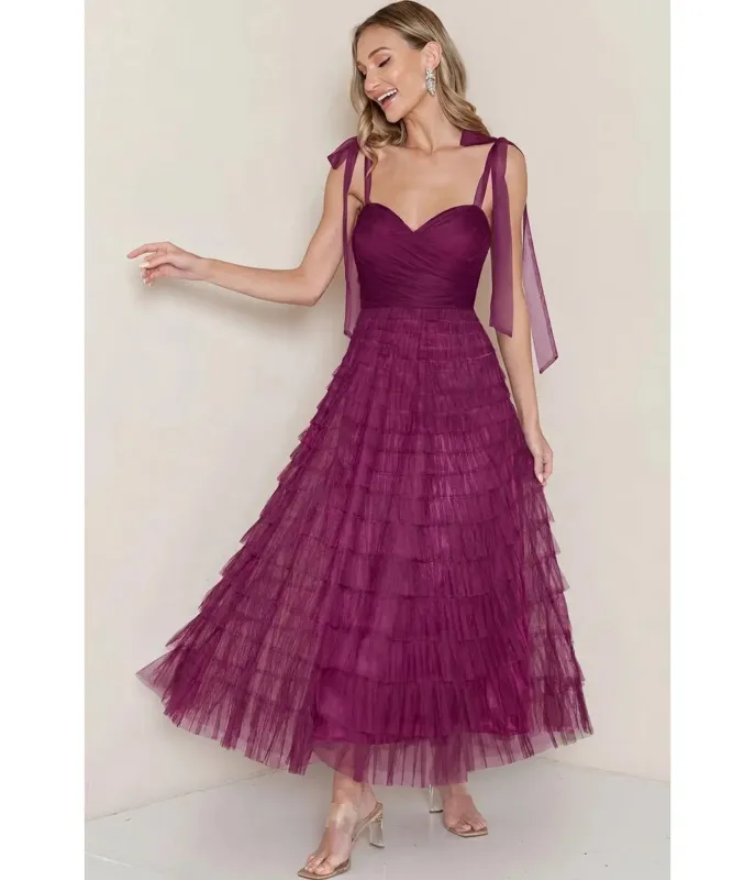 Burgundy Tulle Tiered Midi Dress made by Unique Vintage