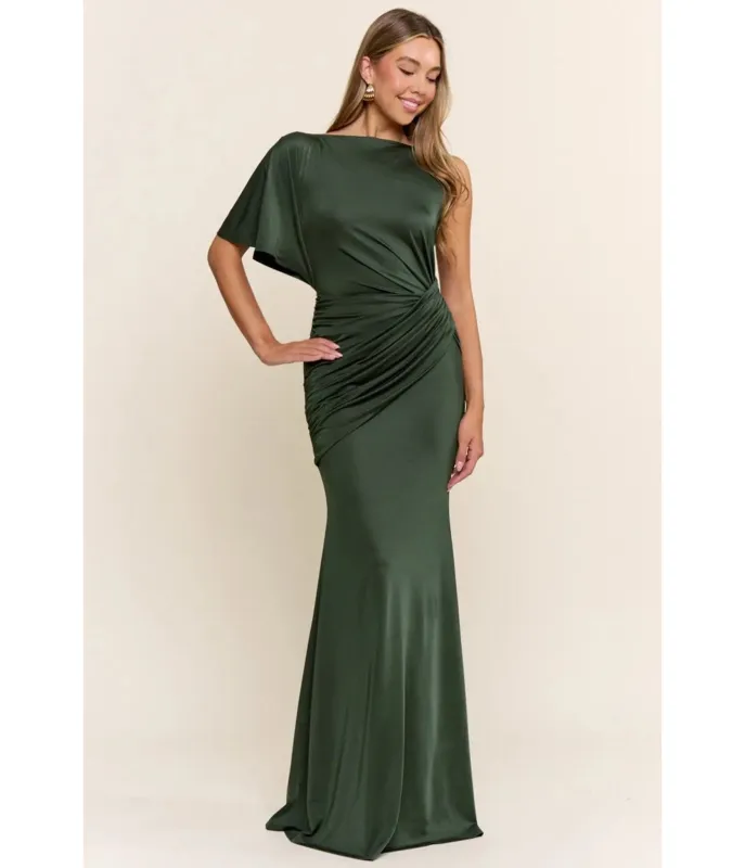 Emerald Green Ruched Maxi Dress made by Unique Vintage