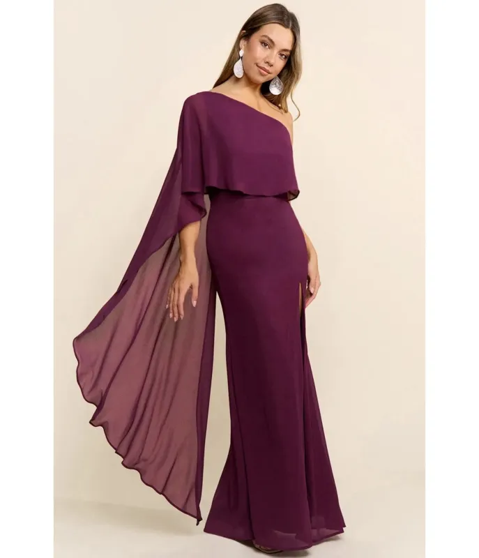 Burgundy One-Shoulder Cape Maxi Dress made by Unique Vintage