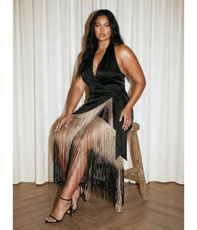 Plus Size Black Satin Halter Fringe Wrap Dress made by Unique Vintage