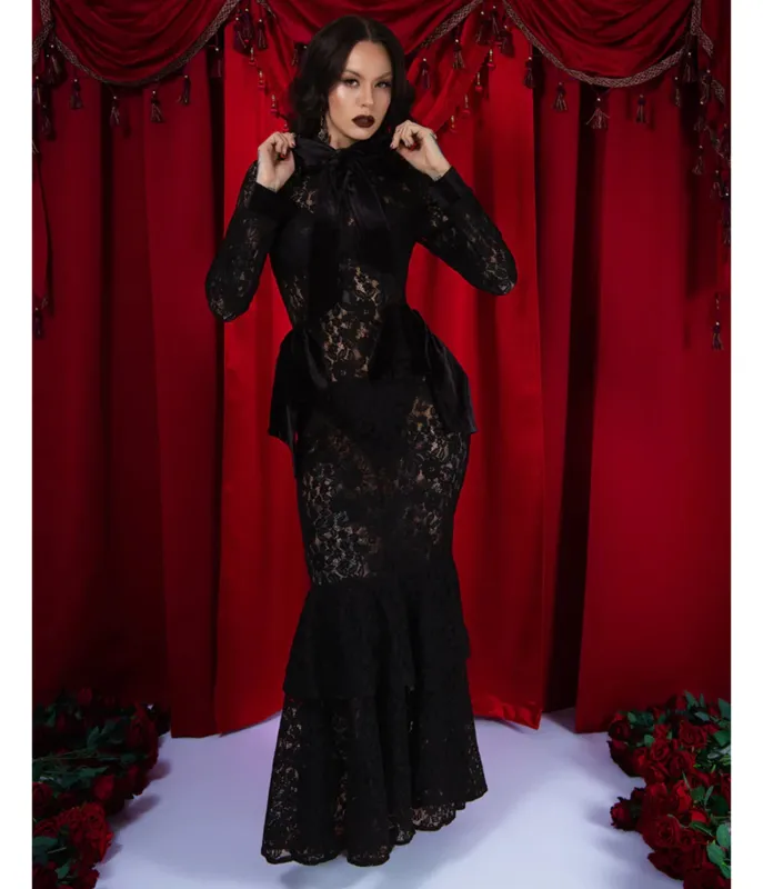 Elle Rebel Black Duchess Du Noir Sheer Lace Maxi Dress made by Unique Vintage
