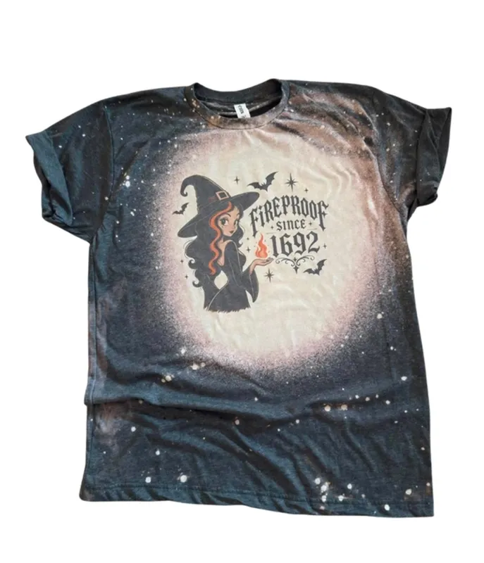 Black Bleached Fireproof Since 1692 Witch Unisex Graphic Tee made by Unique Vintage