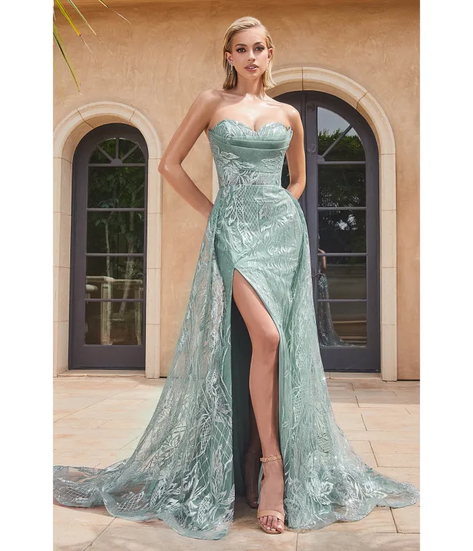 Ladivine by Cinderella Divine Sage Floral Glitter Strapless Prom Gown made by Unique Vintage