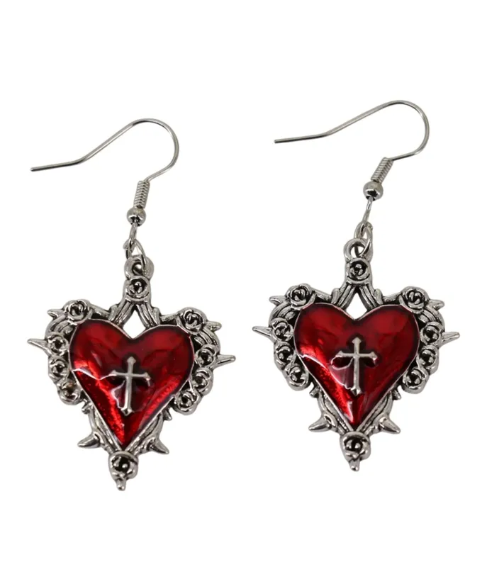 Red Heart & Silver Cross Drop Earrings made by Unique Vintage