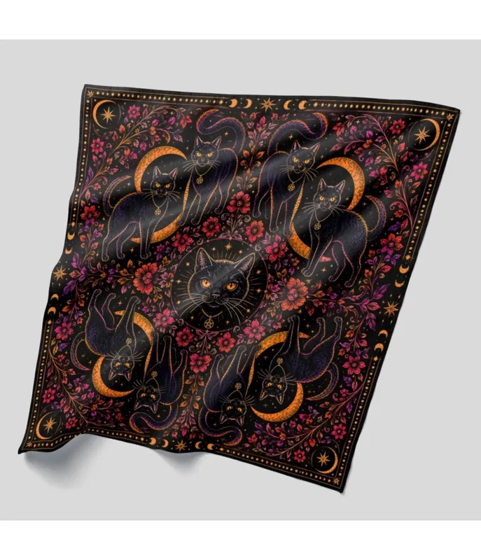 Black Nine Lives Cat Print Hair Scarf made by Unique Vintage