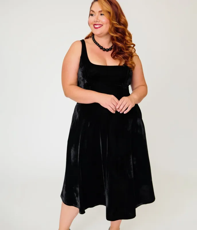 Unique Vintage Plus Size Black Velvet Square Neck Pleated Sylvia Swing Dress made by Unique Vintage