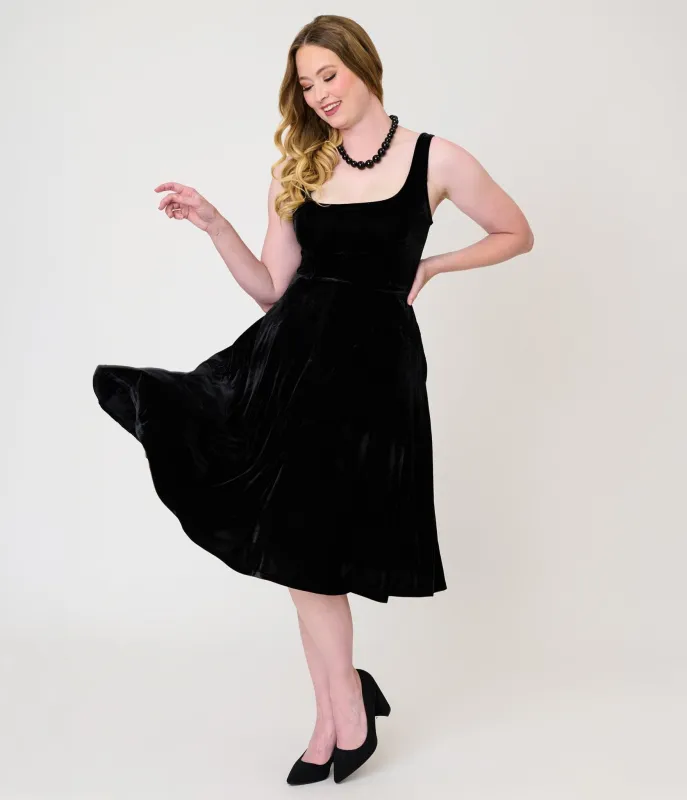 Unique Vintage Black Velvet Square Neck Pleated Sylvia Swing Dress made by Unique Vintage