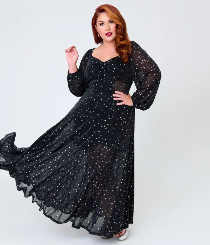 Unique Vintage Plus Size Black & Star Print Long Sleeve Tara Maxi Dress made by Unique Vintage