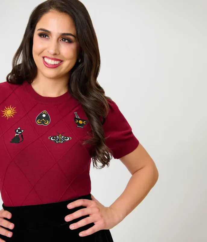 Unique Vintage Burgundy Mystical Icons Embroidered Sweater made by Unique Vintage