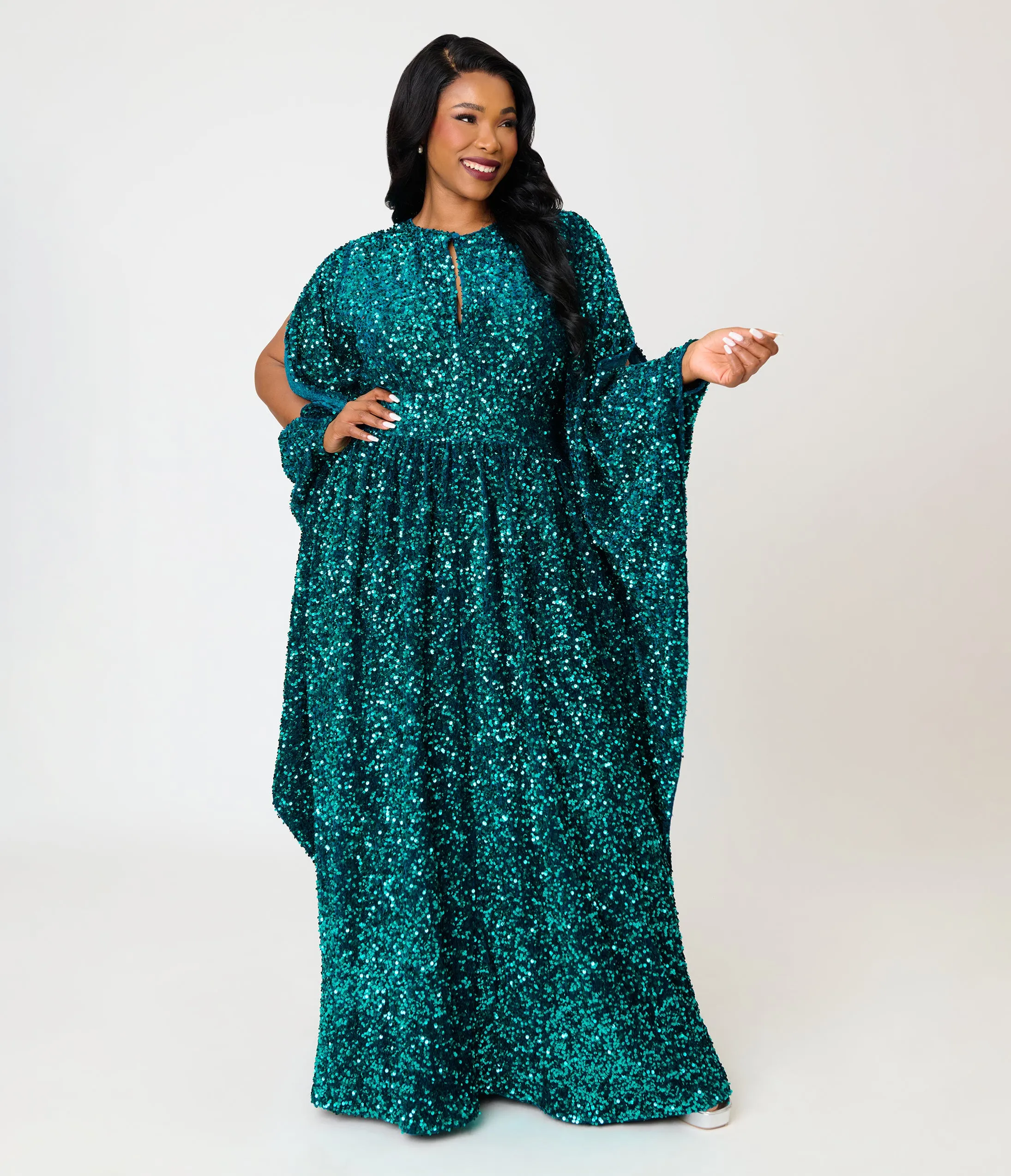 Unique Vintage Plus Size Teal Sequin Flutter Sleeve Dionne Caftan sold by Unique Vintage product image thumbnail 4