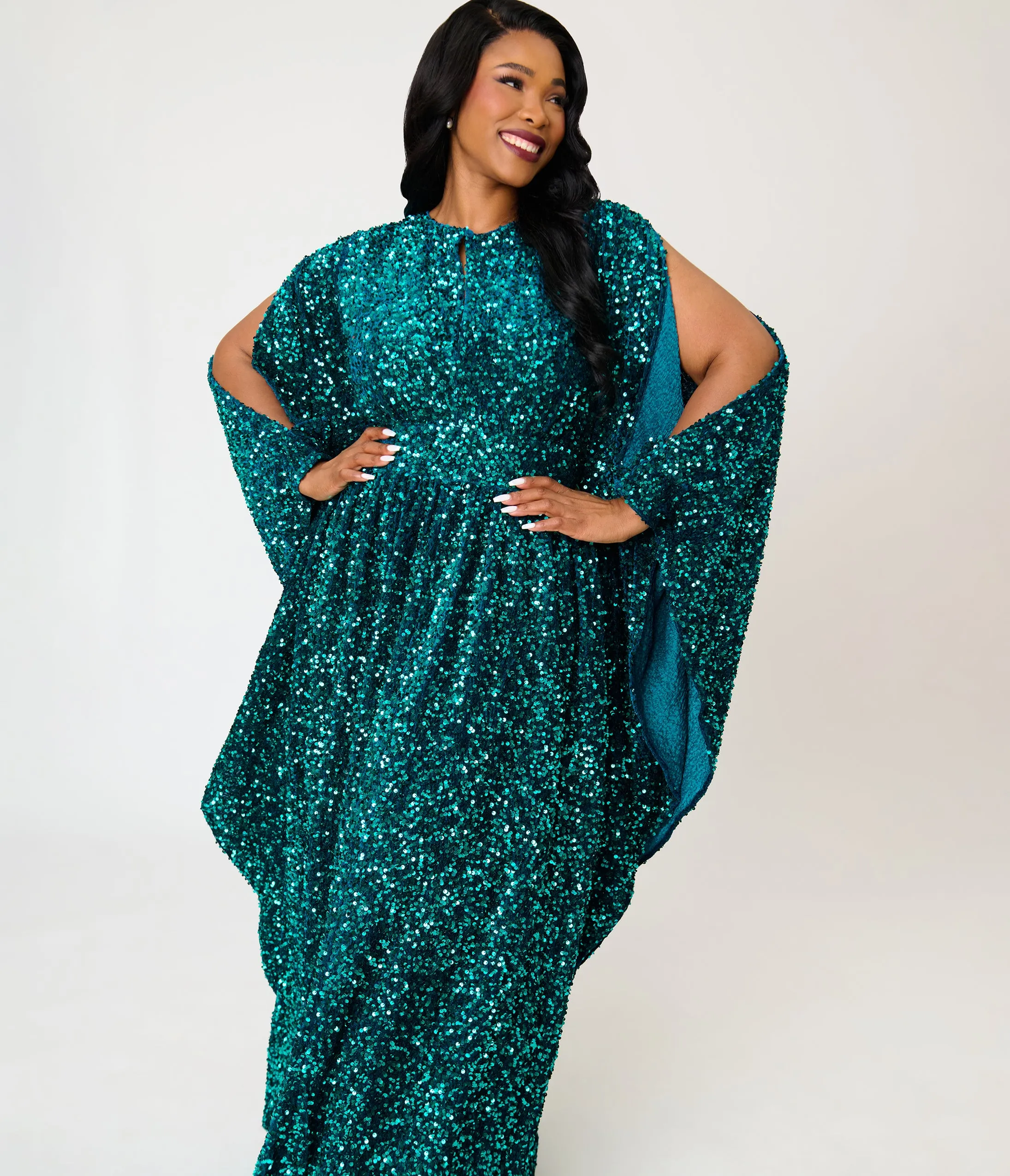 Unique Vintage Plus Size Teal Sequin Flutter Sleeve Dionne Caftan sold by Unique Vintage