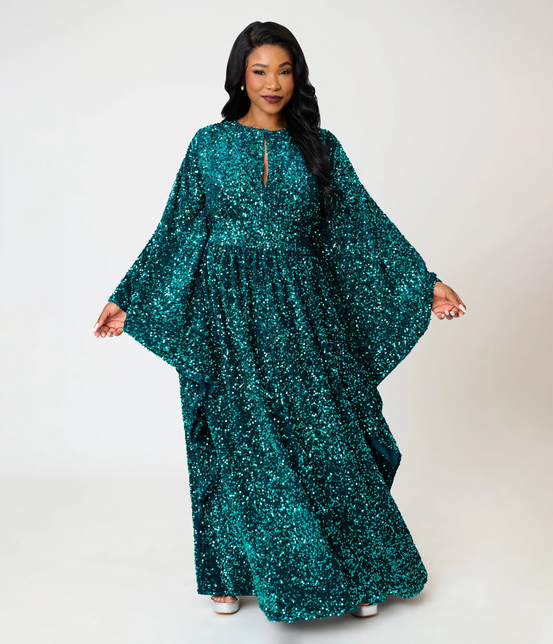 Unique Vintage Plus Size Teal Sequin Flutter Sleeve Dionne Caftan sold by Unique Vintage product image thumbnail 3