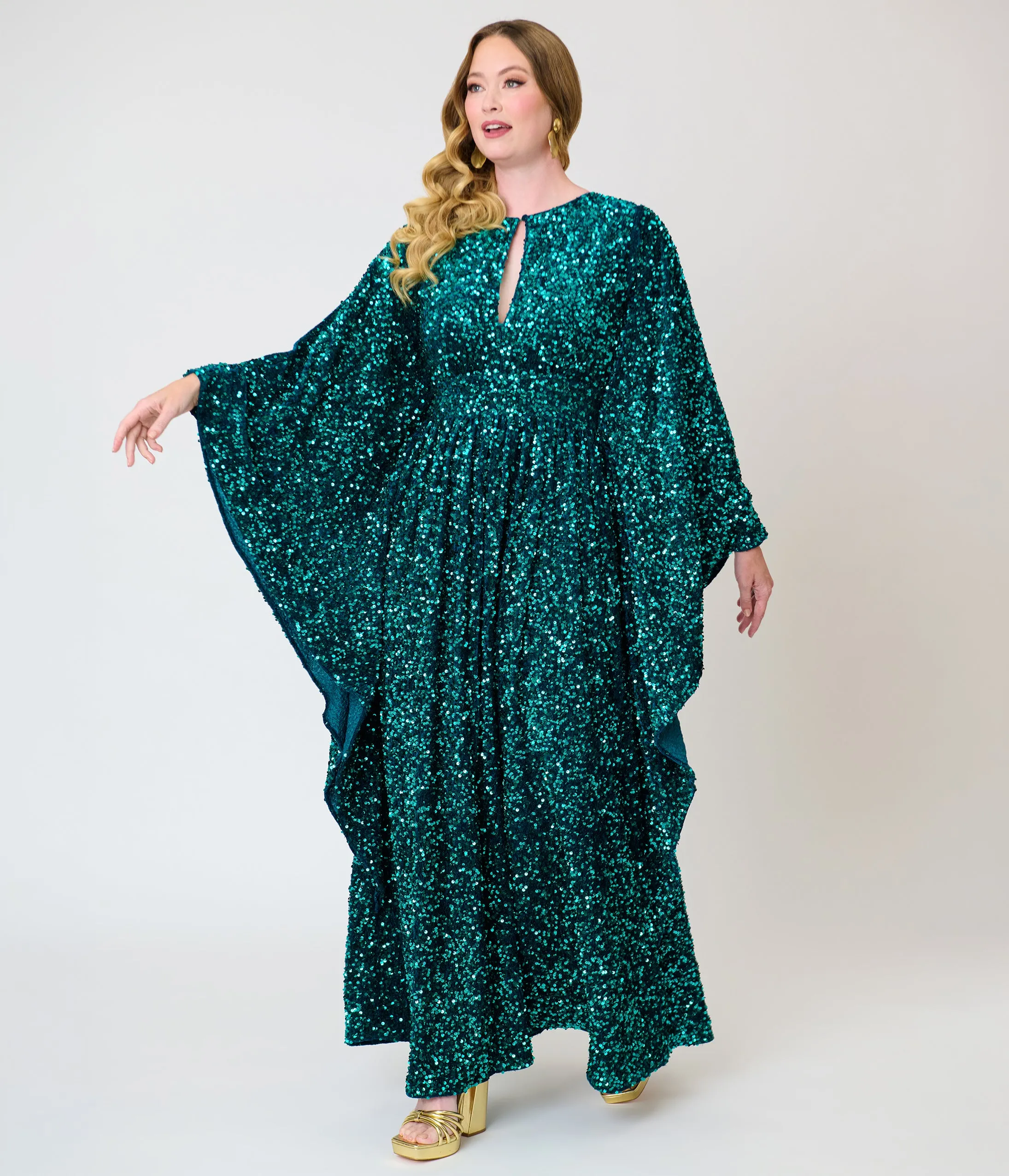 Unique Vintage Teal Sequin Flutter Sleeve Dionne Caftan sold by Unique Vintage
