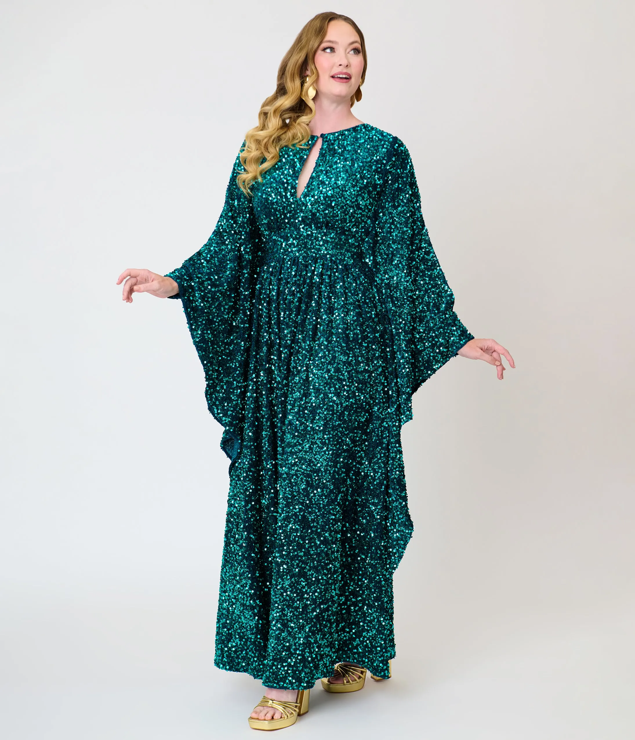 Unique Vintage Teal Sequin Flutter Sleeve Dionne Caftan sold by Unique Vintage product image thumbnail 4